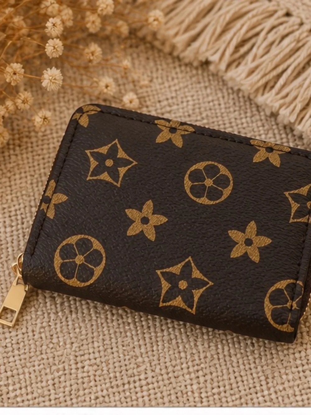 Brown Monogram Zip Wallet | Compact Faux Leather Card Holder|Designer Inspired